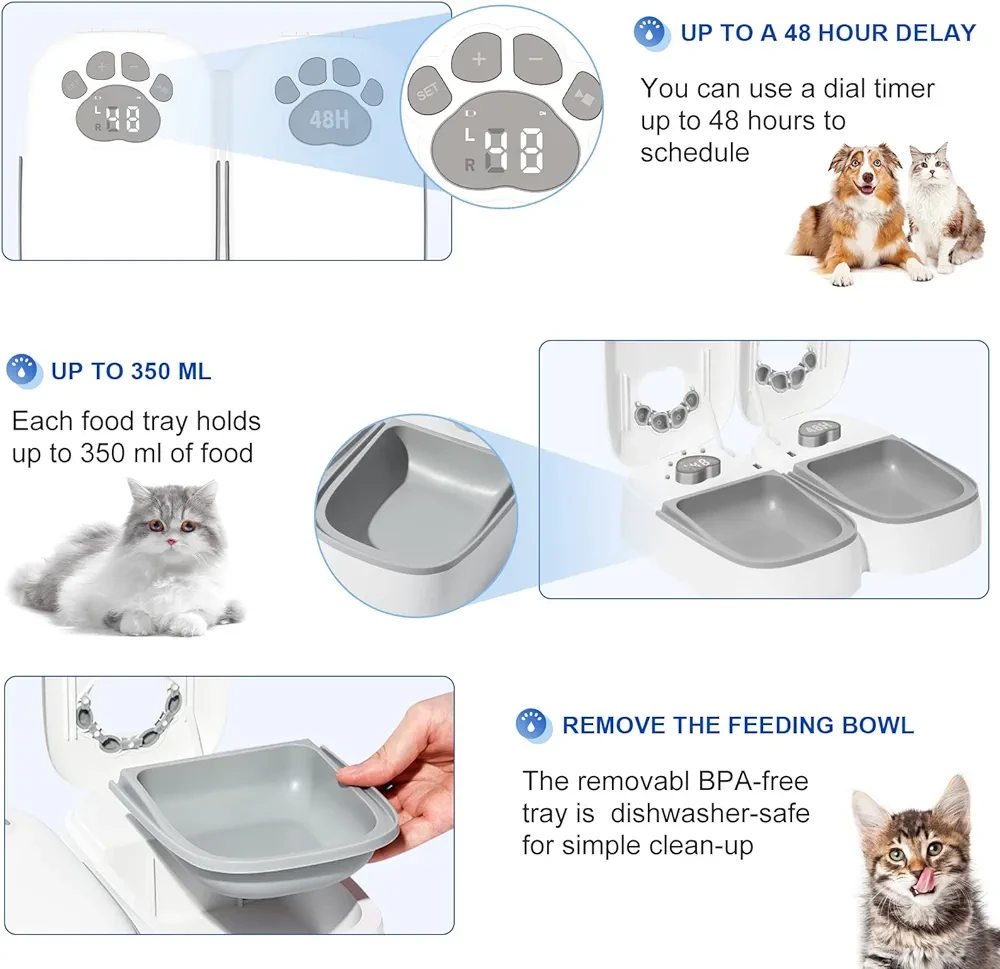 PeTnessGO Automatic 2 Meals Cat,dog Feeder, Pet Feeder with Timer, Timed and Portion Control for Dry or Semi-Moist Food, Food Dispenser for Cat and Dog, 48-Hour Timed (2 Meals Cat Feeder)