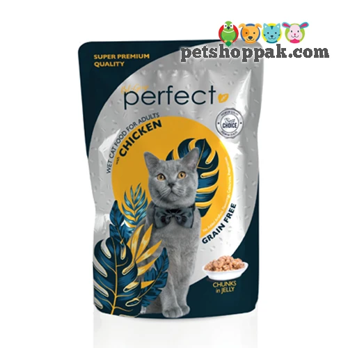 Perfect wet cat food chunk with chicken in jelly pouch